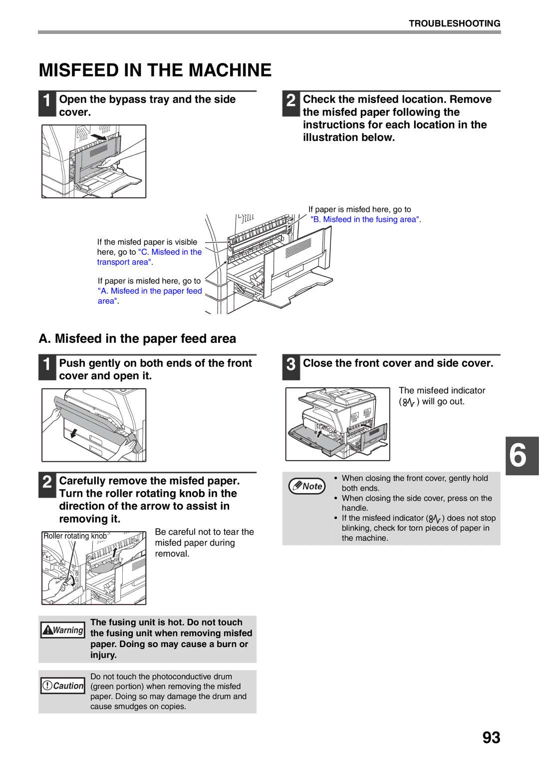 Sharp AR-5520N, AR-5516N manual Misfeed in the Machine, Misfeed in the paper feed area, Close the front cover and side cover 