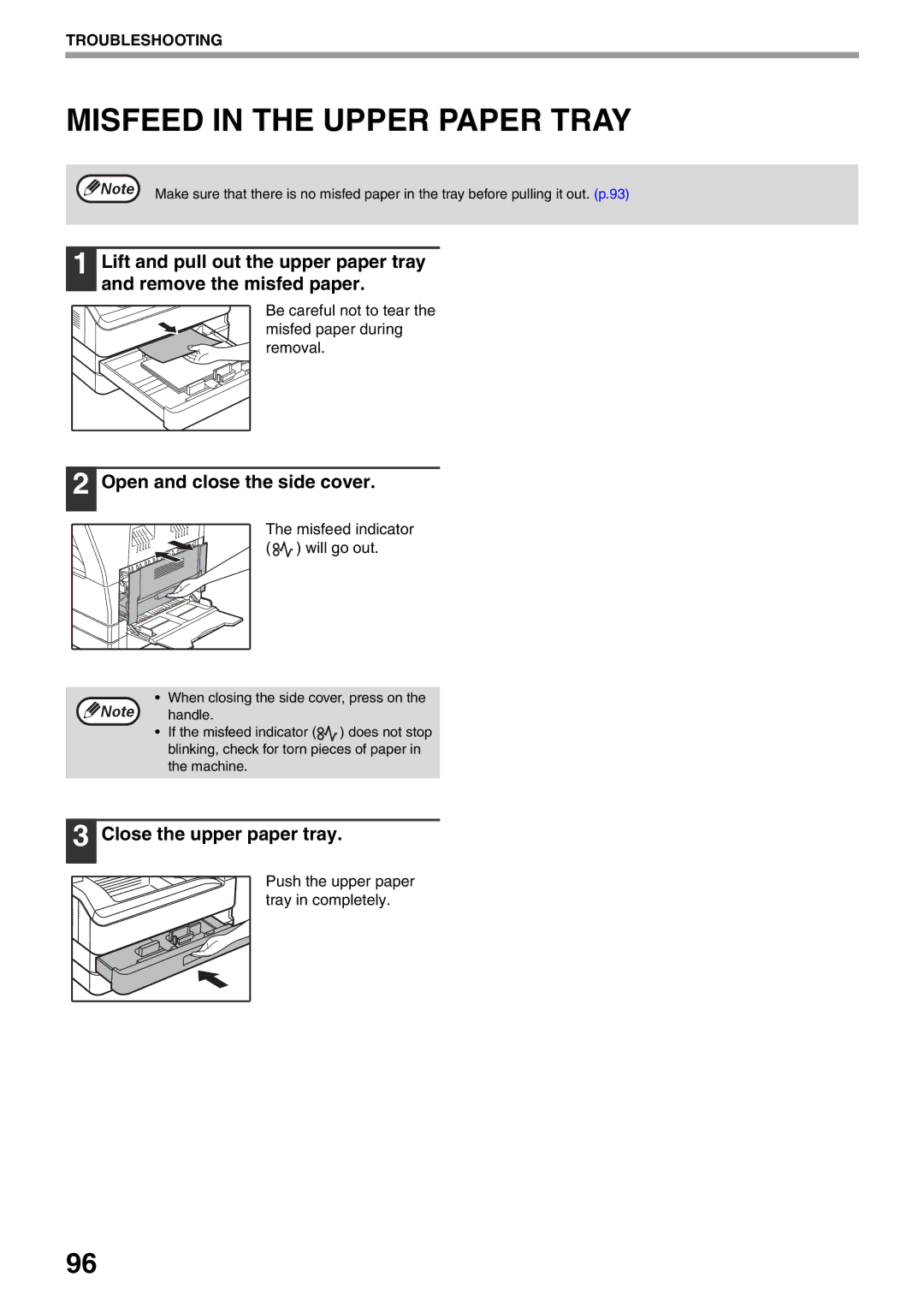 Sharp AR-5516N manual Misfeed in the Upper Paper Tray, Close the upper paper tray, Push the upper paper tray in completely 