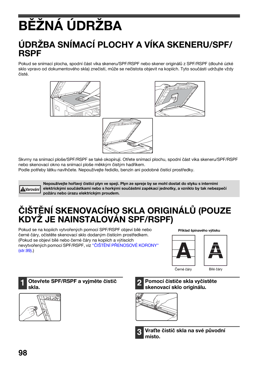 Sharp AR-5620D, AR-5623D, AR-5618D manual Běžná Údržba, Údržba Snímací Plochy a Víka SKENERU/SPF/ Rspf 