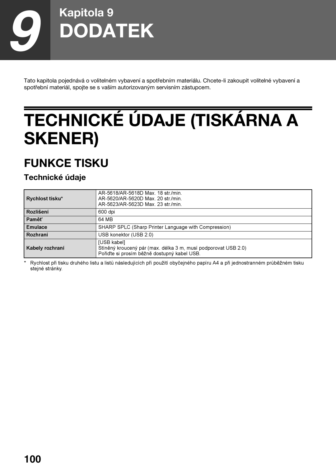 Sharp AR-5620D, AR-5623D, AR-5618D manual Technické Údaje Tiskárna a Skener, Funkce Tisku, Technické údaje 