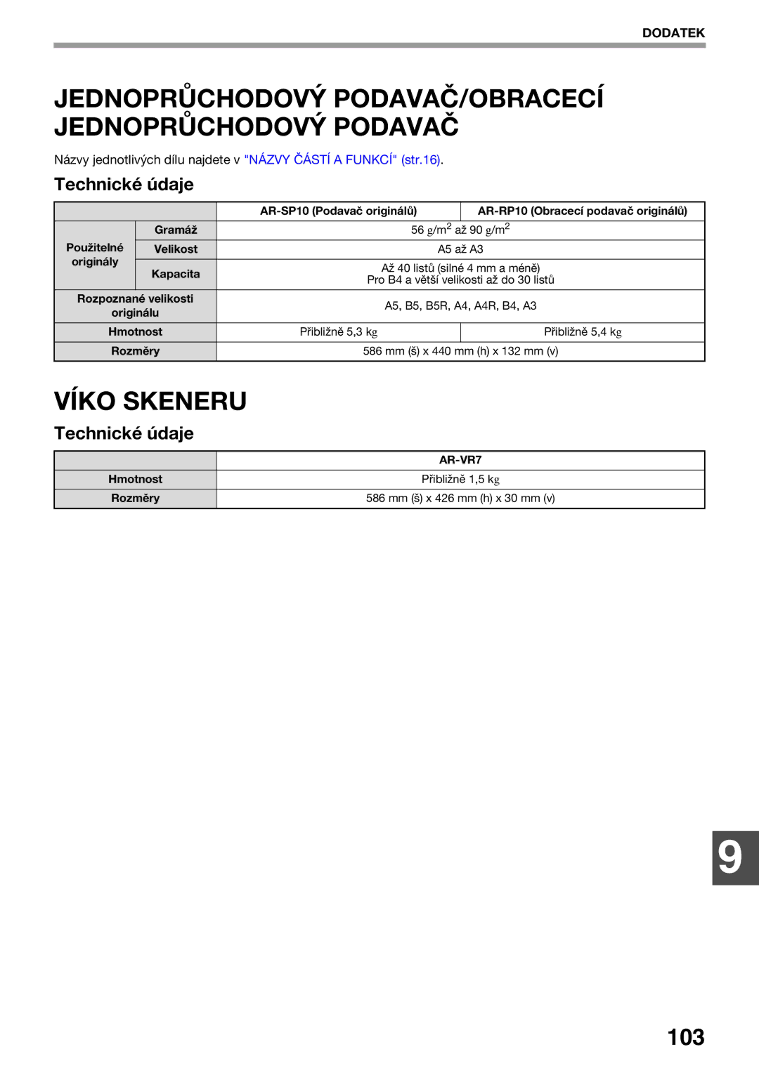 Sharp AR-5620D, AR-5623D, AR-5618D manual Víko Skeneru, Hmotnost Přibližně 1,5 k g Rozměry 