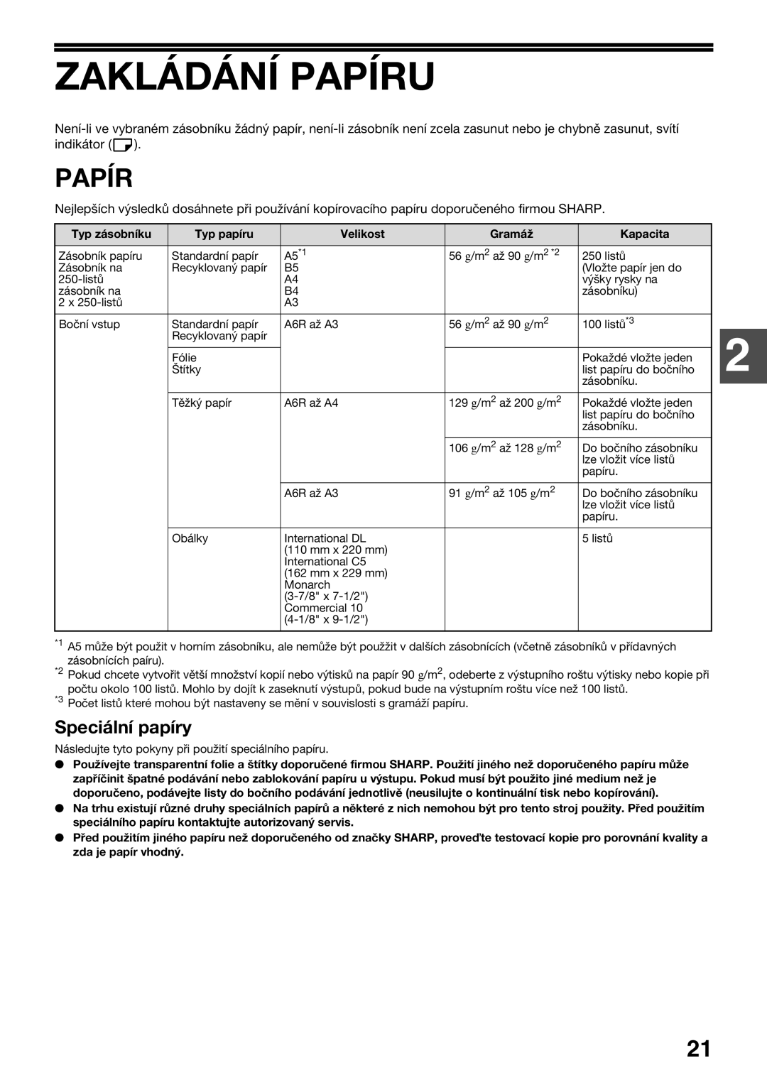 Sharp AR-5618D, AR-5620D, AR-5623 Zakládání Papíru, Speciální papíry, Typ zásobníku Typ papíru Velikost Gramáž Kapacita 