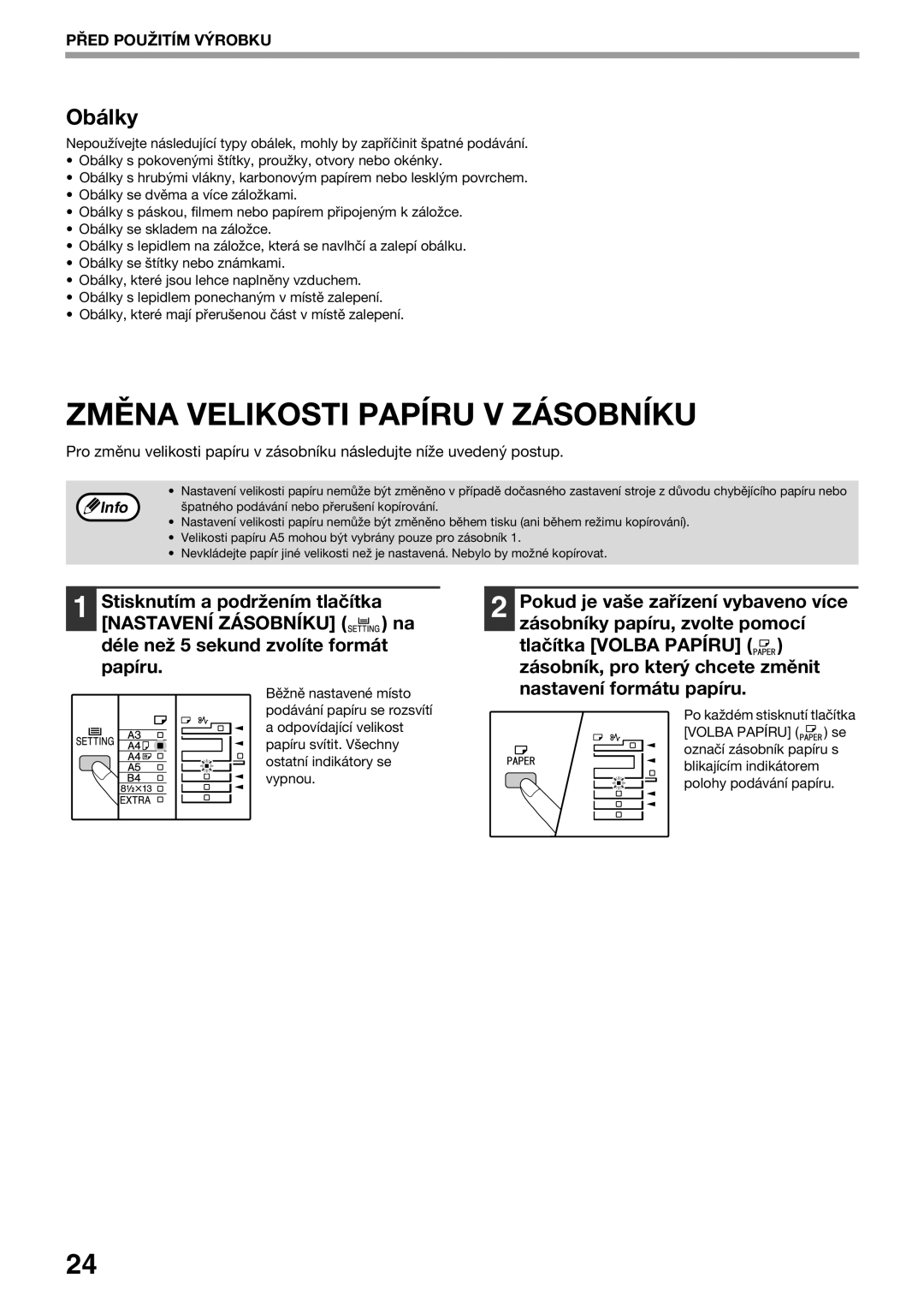 Sharp AR-5623D, AR-5620D, AR-5618D manual Změna Velikosti Papíru V Zásobníku, Obálky 