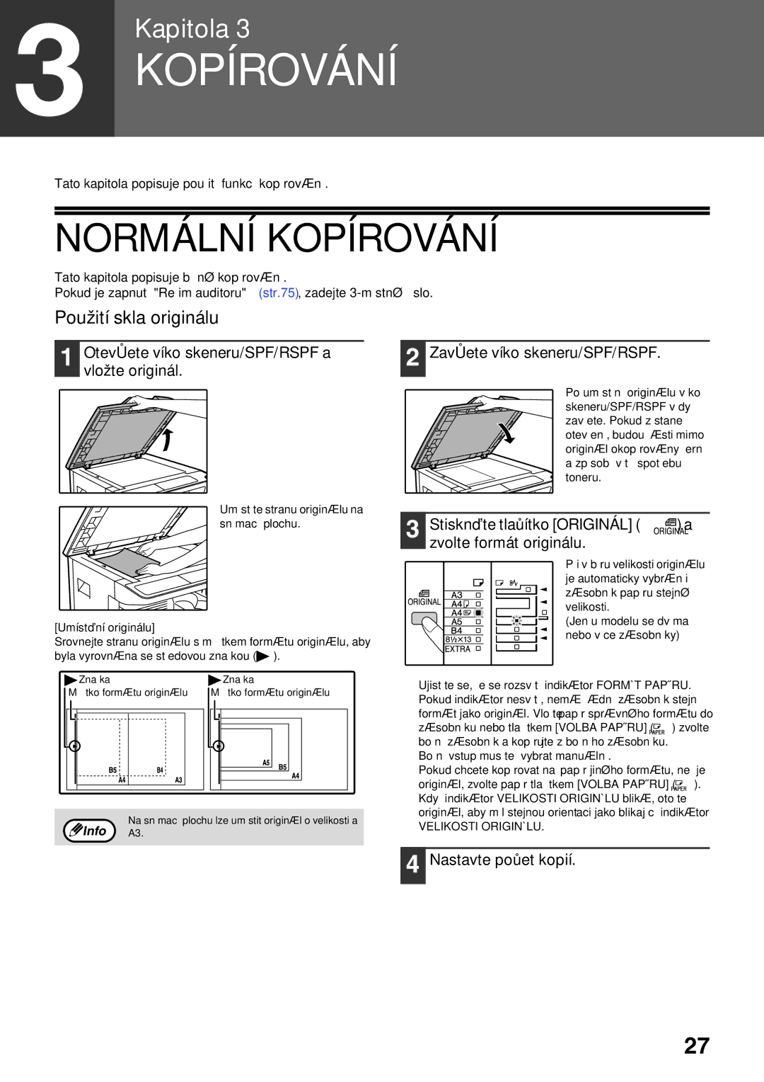 Sharp AR-5618D, AR-5620D, AR-5623D manual Normální Kopírování, Použití skla originálu 