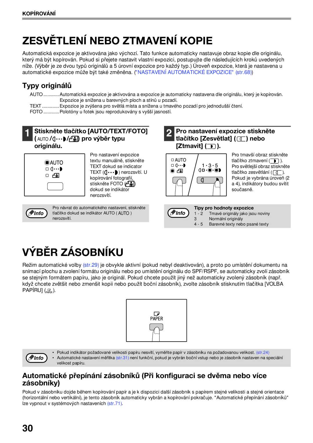 Sharp AR-5623D, AR-5620D manual Zesvětlení Nebo Ztmavení Kopie, Výběr Zásobníku, Typy originálů, Tipy pro hodnoty expozice 