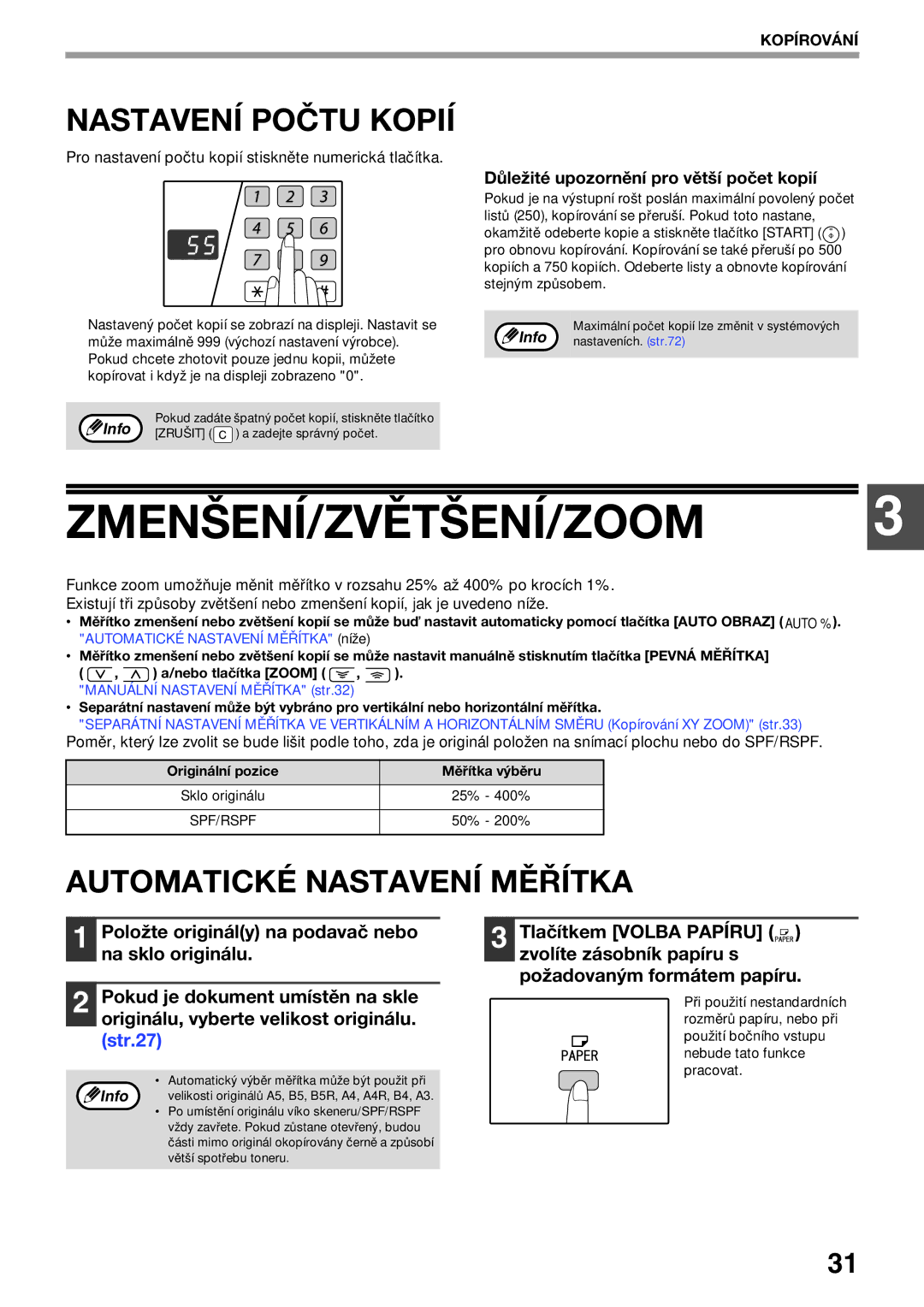 Sharp AR-5620D, AR-5623D, AR-5618 manual Zmenšení/Zvětšení/Zoom, Nastavení Počtu Kopií, Automatické Nastavení Měřítka 