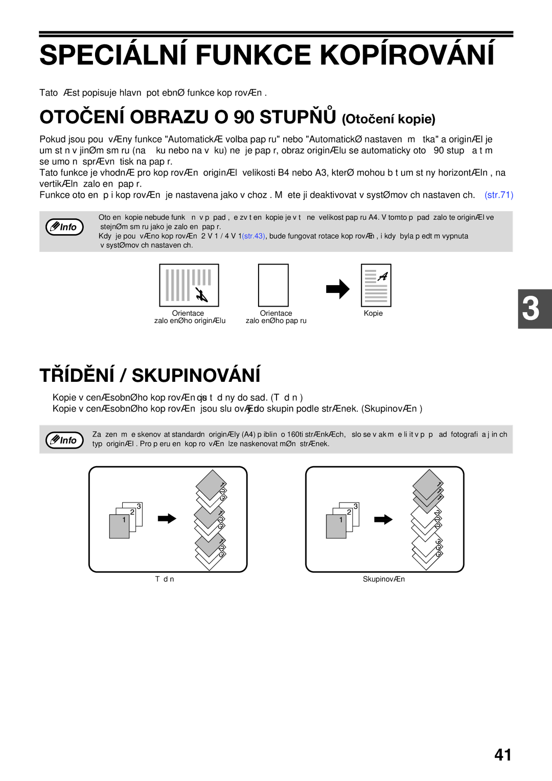 Sharp AR-5623, AR-5620D manual Speciální Funkce Kopírování, Otočení Obrazu O 90 Stupňů Otočení kopie, Třídění / Skupinování 