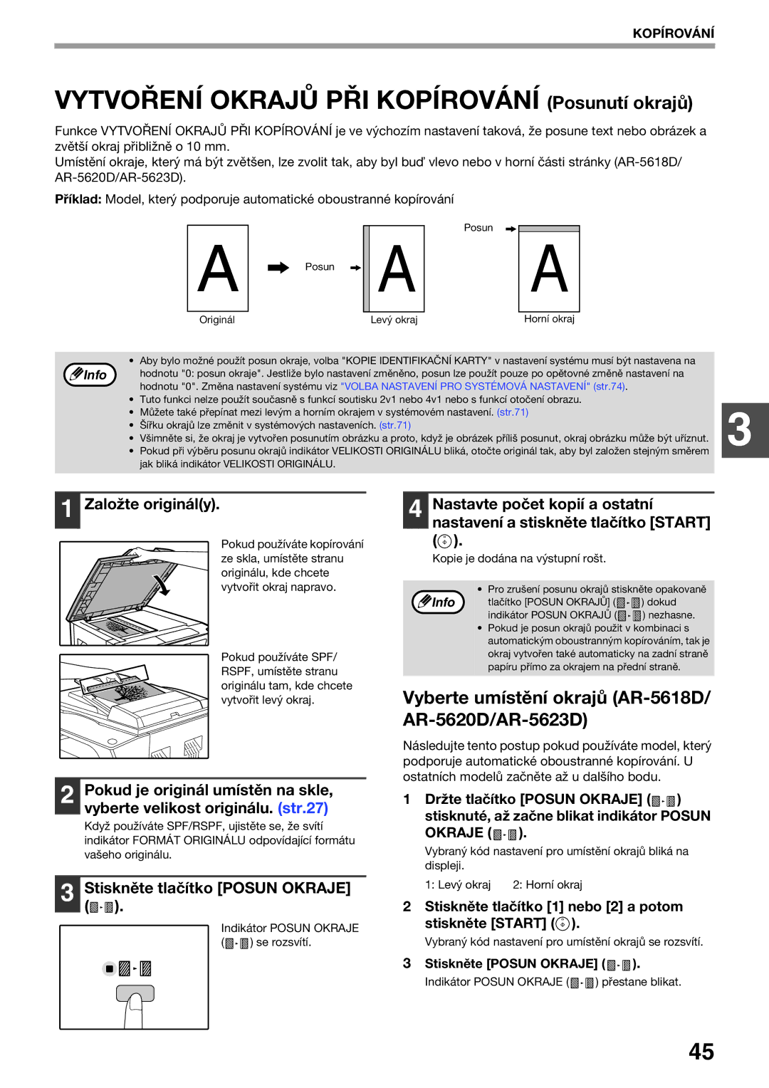 Sharp manual Vytvoření Okrajů PŘI Kopírování Posunutí okrajů, Vyberte umístění okrajů AR-5618D/ AR-5620D/AR-5623D 