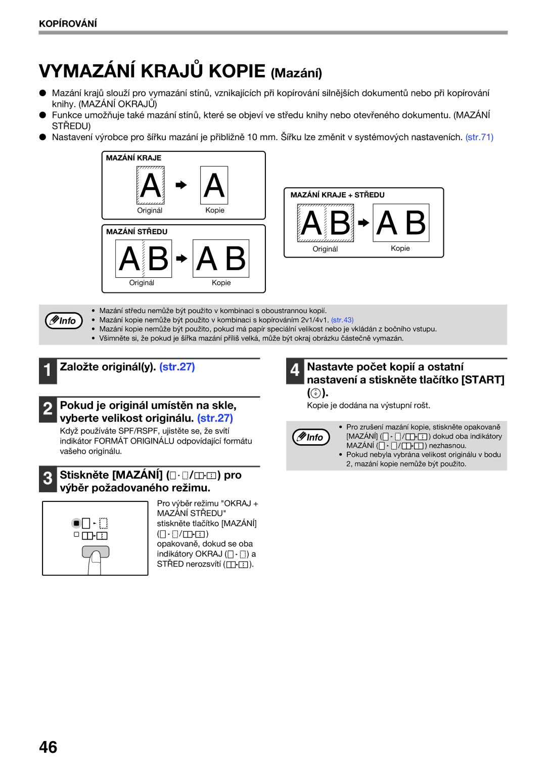 Sharp AR-5620D, AR-5623D, AR-5618D manual Vymazání Krajů Kopie Mazání, Stiskněte Mazání / pro výběr požadovaného režimu 