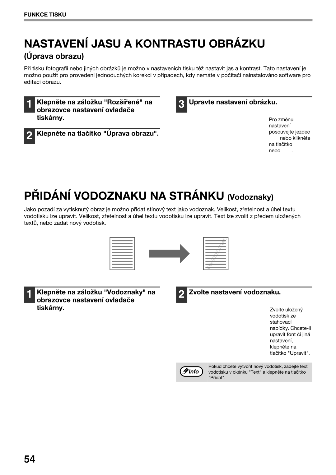 Sharp AR-5623D, AR-5620D, AR-5618 Nastavení Jasu a Kontrastu Obrázku, Přidání Vodoznaku NA Stránku Vodoznaky, Úprava obrazu 