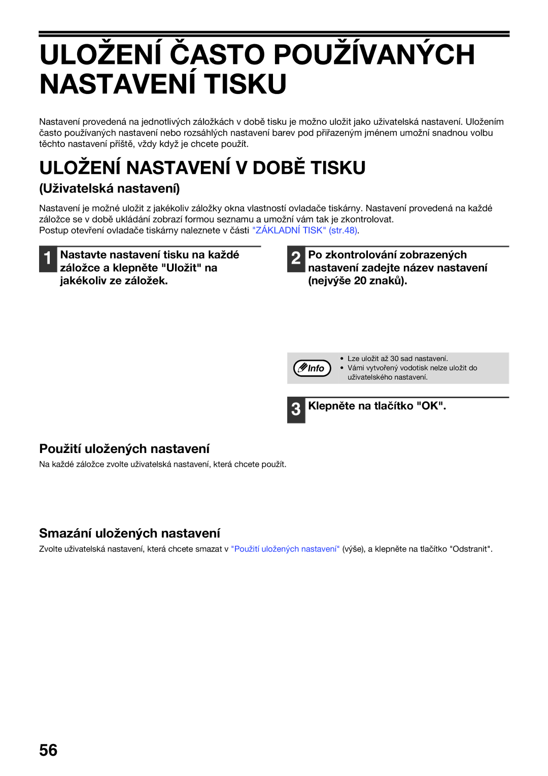 Sharp AR-5618, AR-5620D Uložení Často Používaných Nastavení Tisku, Uložení Nastavení V Době Tisku, Uživatelská nastavení 