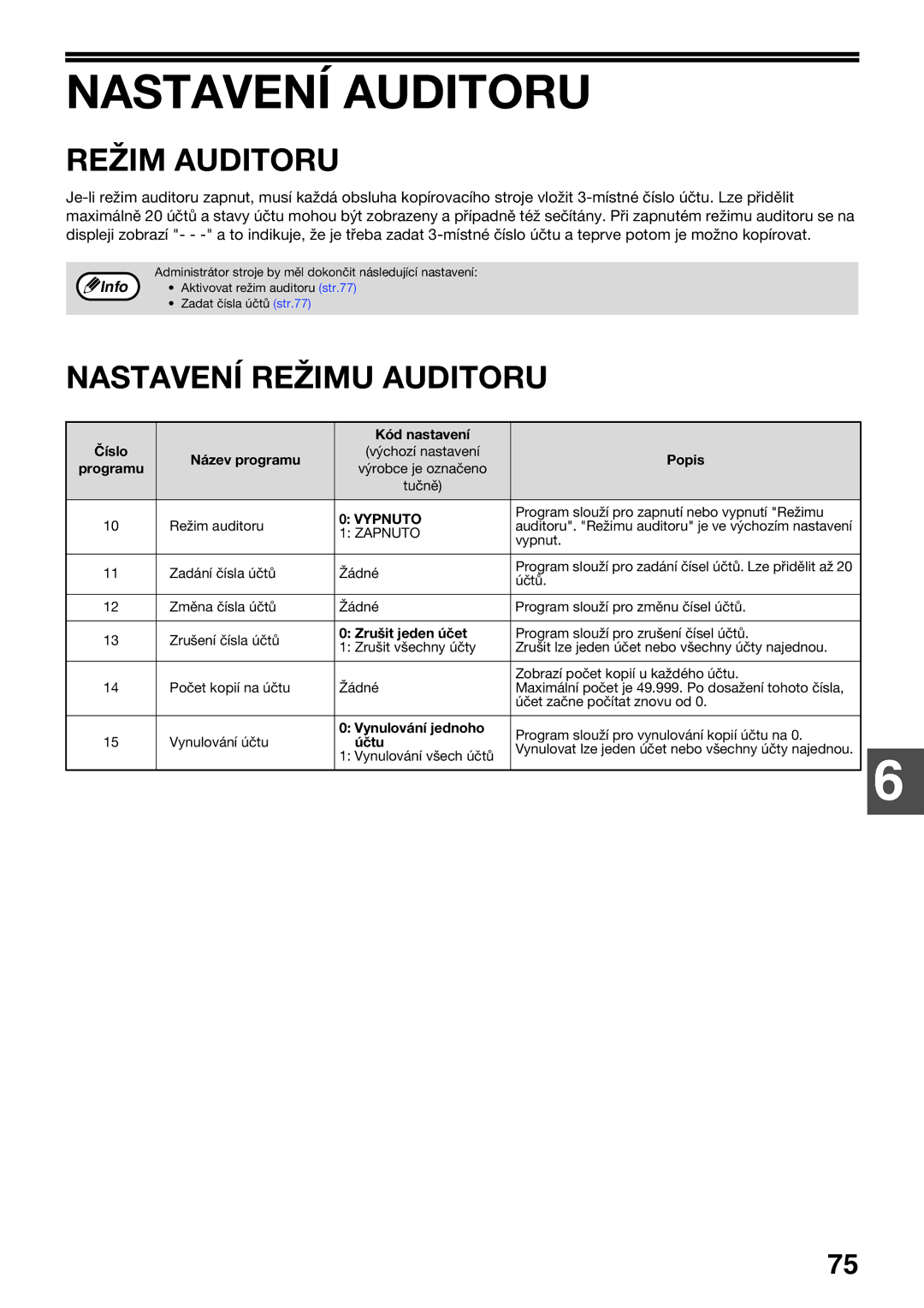 Sharp AR-5618D, AR-5620D, AR-5623D manual Nastavení Auditoru, Režim Auditoru, Nastavení Režimu Auditoru 