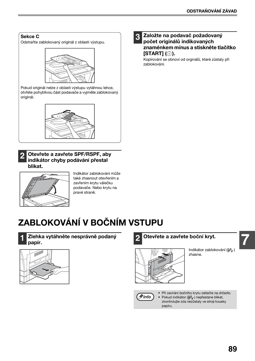 Sharp AR-5620D, AR-5623D, AR-5618D manual Zablokování V Bočním Vstupu, Sekce C, Indikátor zablokování Zhasne 