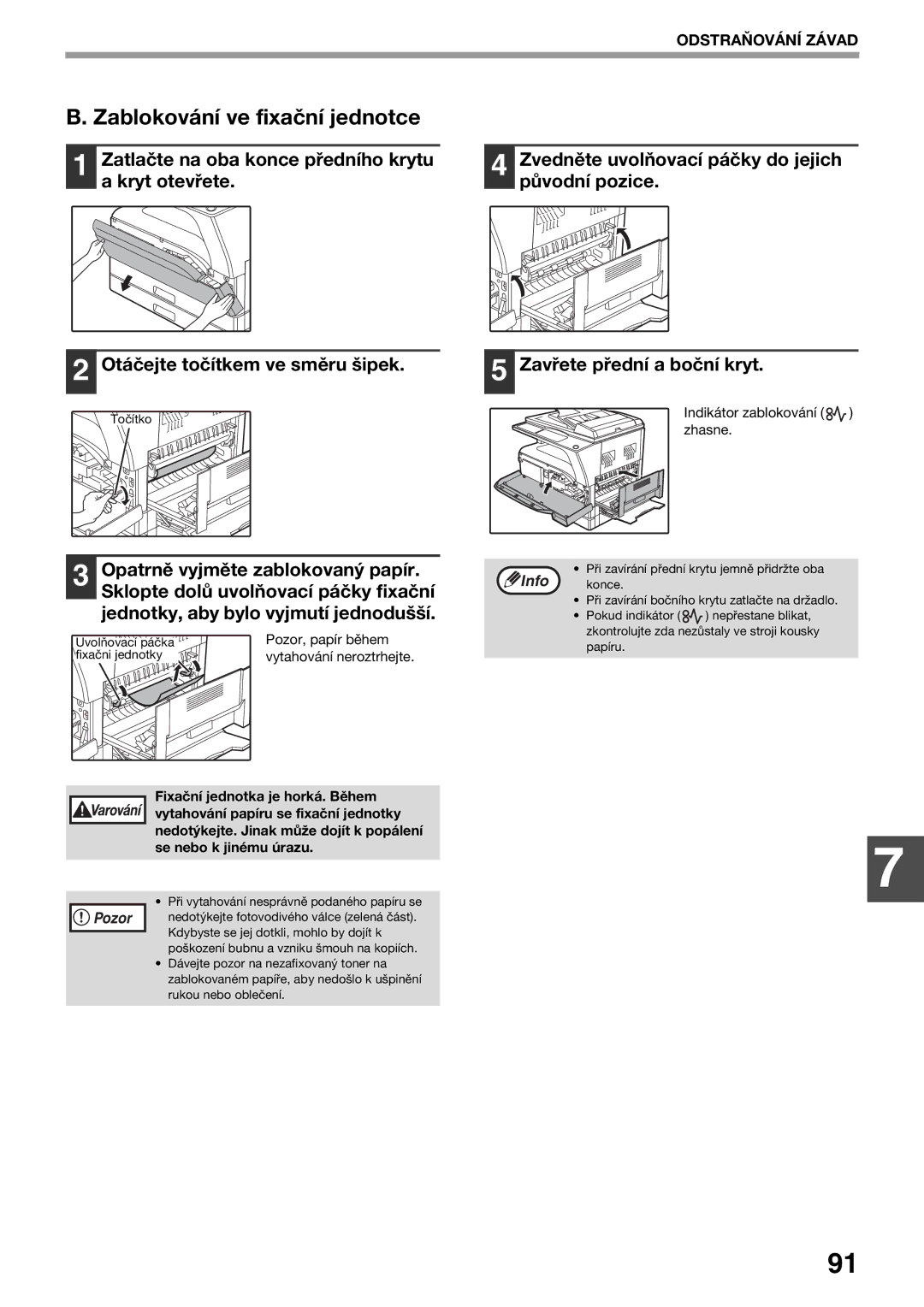 Sharp AR-5620D, AR-5623D, AR-5618D manual Zablokování ve fixační jednotce, Pozor 