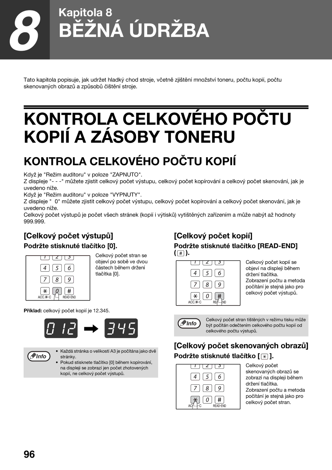 Sharp AR-5623D, AR-5620D manual Kontrola Celkového Počtu Kopií a Zásoby Toneru, Celkový počet výstupů, Celkový počet kopií 