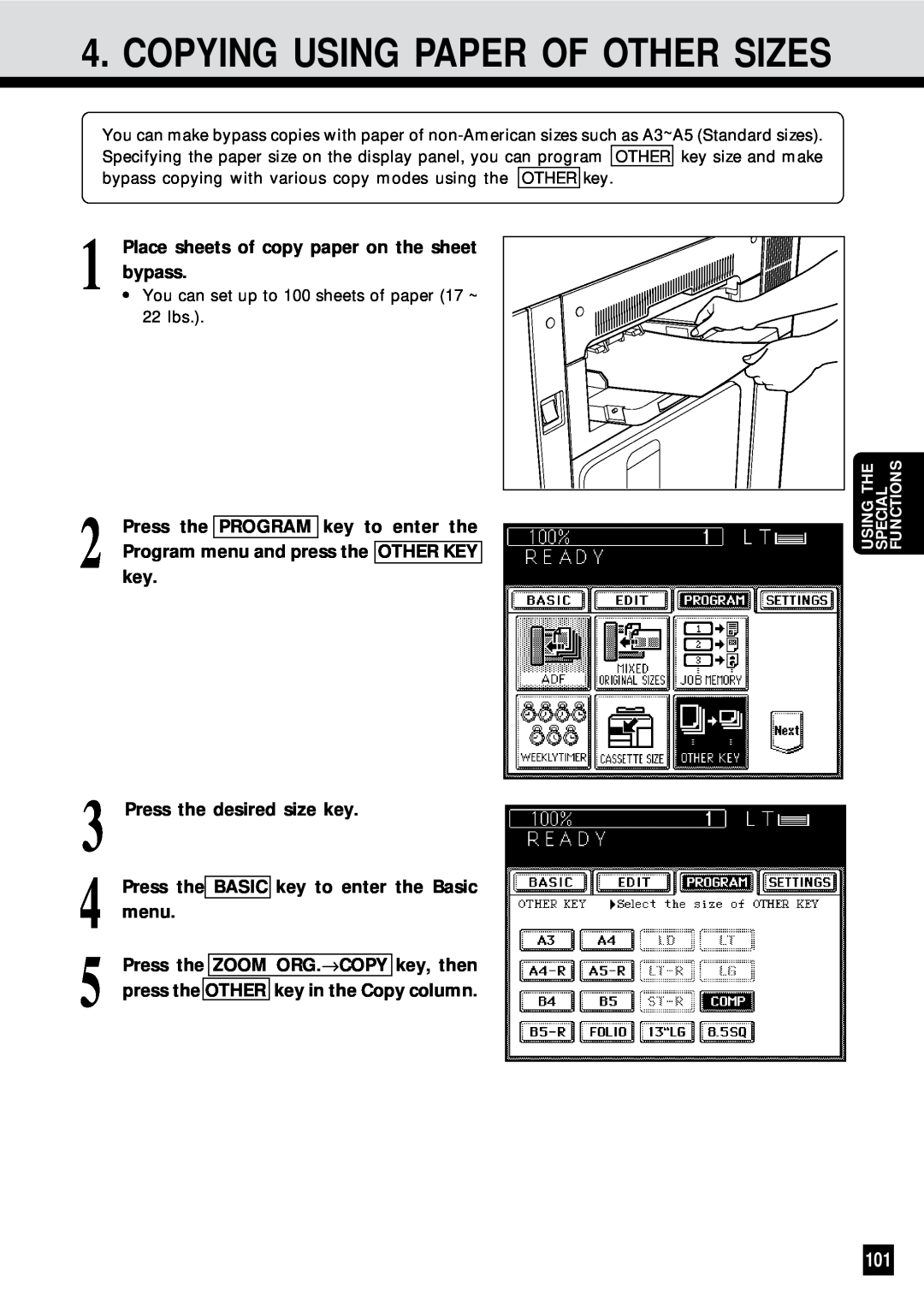 Sharp AR-650 operation manual Copying Using Paper Of Other Sizes, Place sheets of copy paper on the sheet bypass 