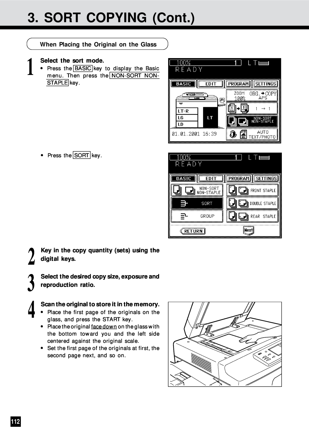 Sharp AR-650 operation manual SORT COPYING Cont, When Placing the Original on the Glass 1 Select the sort mode 