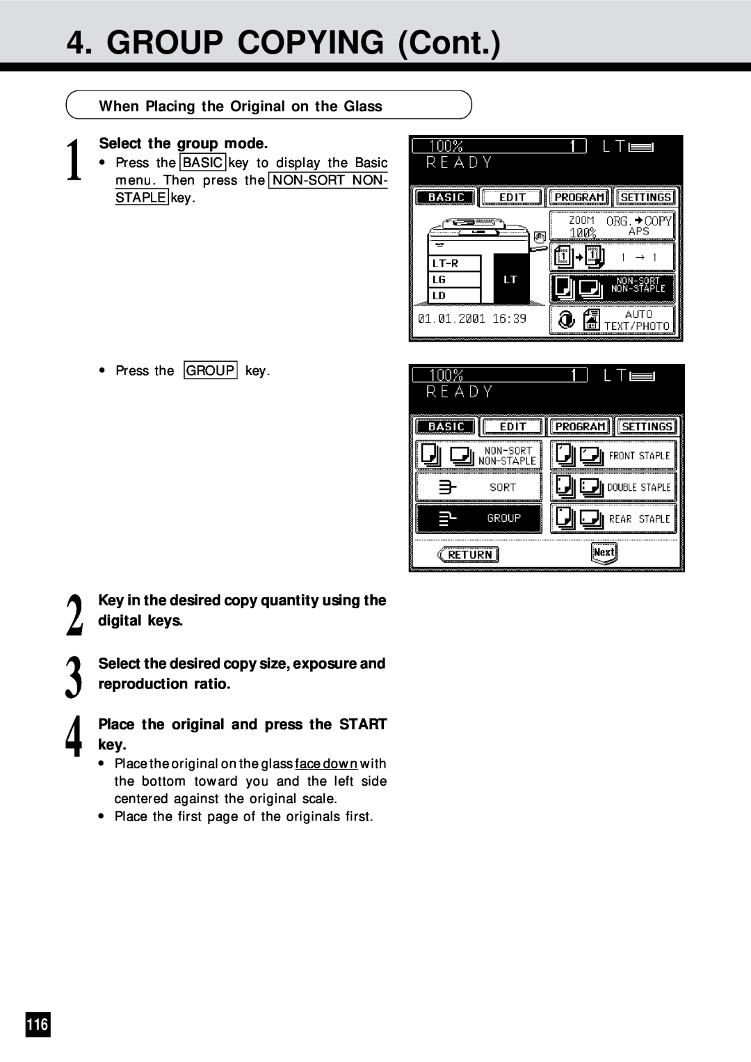 Sharp AR-650 operation manual GROUP COPYING Cont, When Placing the Original on the Glass Select the group mode 