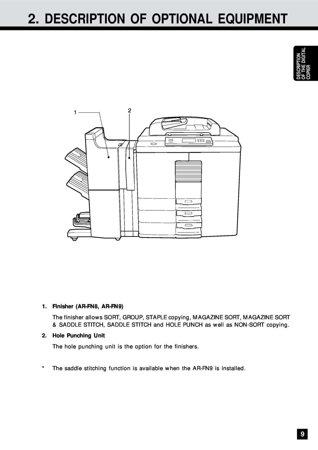Sharp AR-650 operation manual Description Of Optional Equipment, Finisher AR-FN8, AR-FN9, Hole Punching Unit 