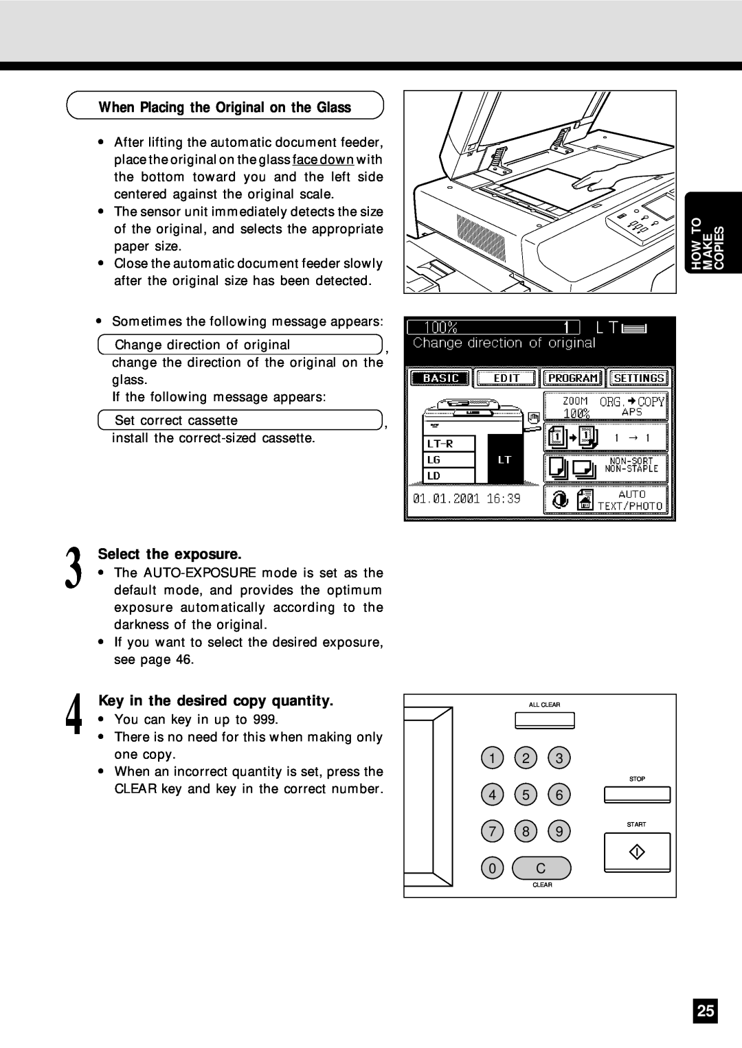 Sharp AR-650 operation manual Select the exposure, Key in the desired copy quantity, When Placing the Original on the Glass 