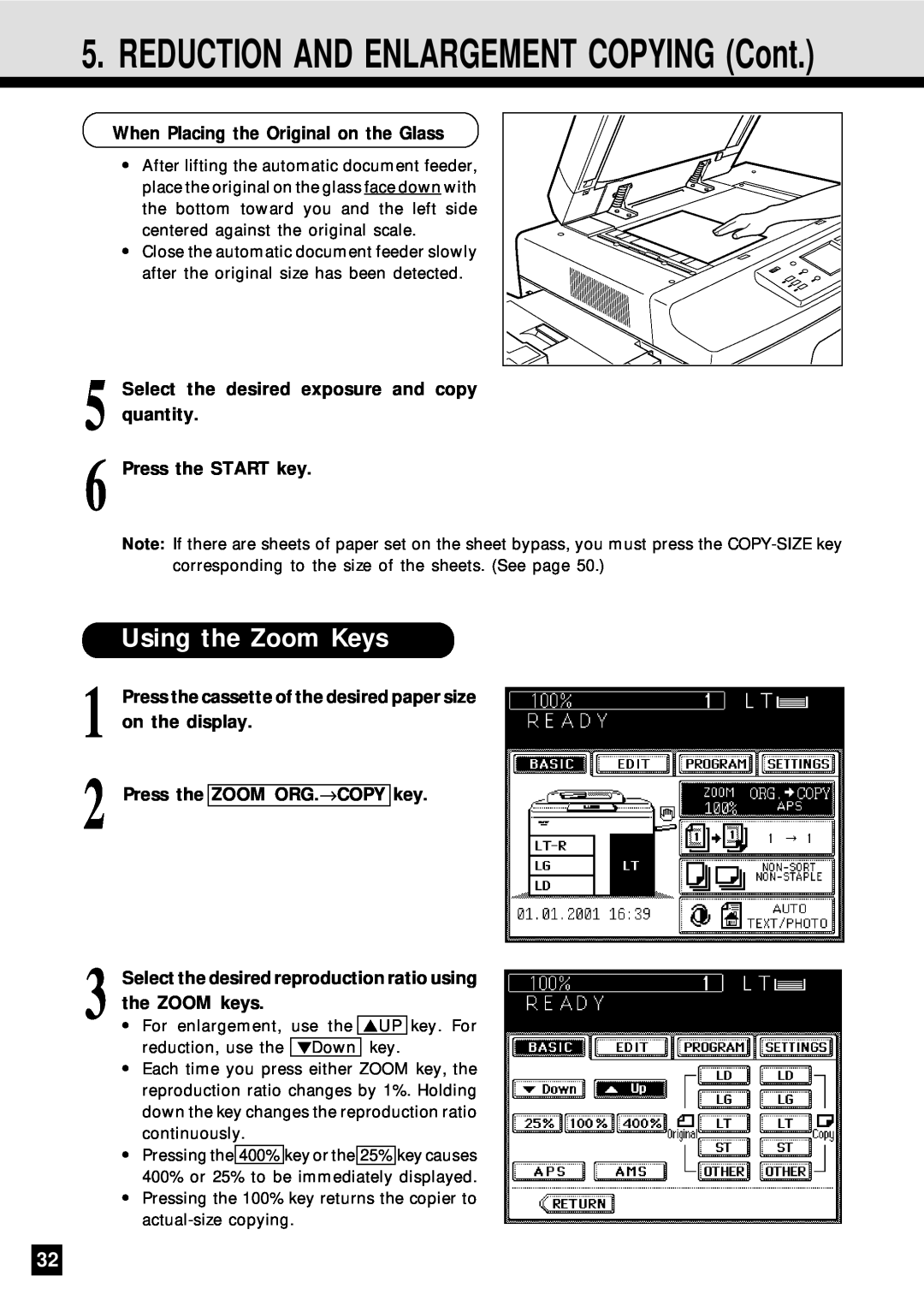 Sharp AR-650 operation manual Using the Zoom Keys, Select the desired exposure and copy quantity Press the START key 