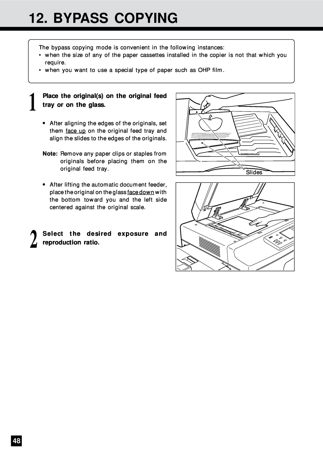 Sharp AR-650 operation manual Bypass Copying, Select the desired exposure and reproduction ratio 