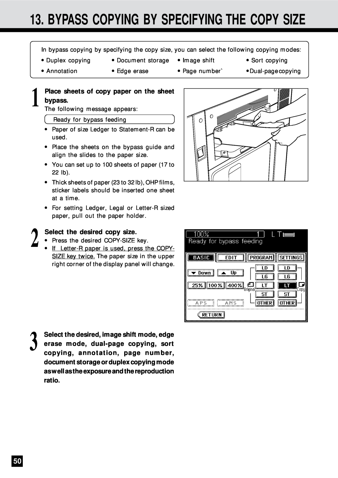 Sharp AR-650 operation manual Bypass Copying By Specifying The Copy Size, Place sheets of copy paper on the sheet bypass 