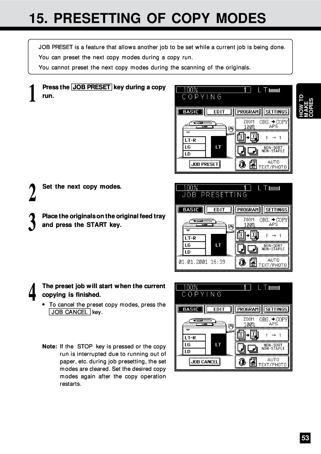 Sharp AR-650 operation manual Presetting Of Copy Modes, Press the JOB PRESET key during a copy, Set the next copy modes 