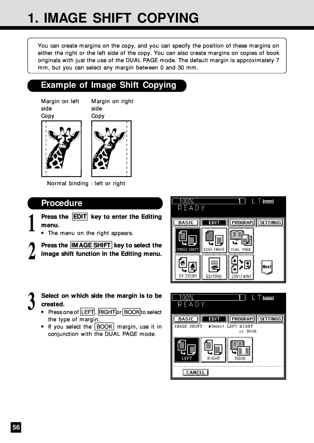Sharp AR-650 operation manual Example of Image Shift Copying, Press the EDIT key to enter the Editing menu, Procedure 