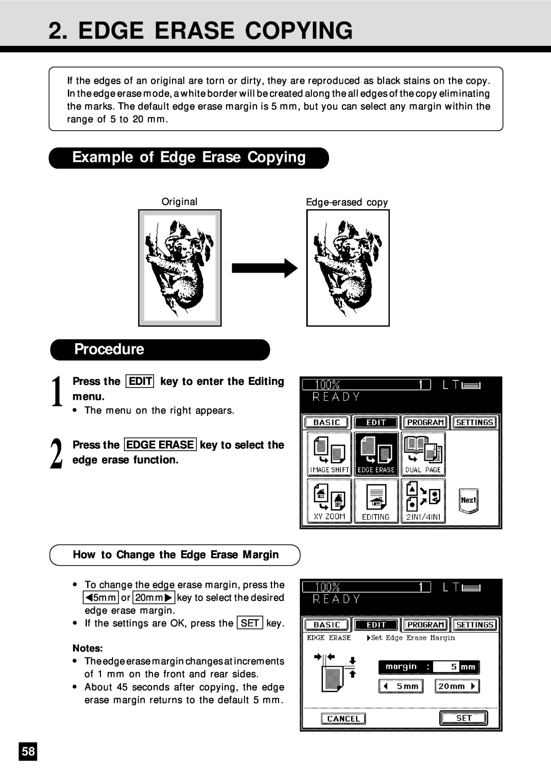 Sharp AR-650 Example of Edge Erase Copying, Press the EDGE ERASE key to select the edge erase function, Procedure 
