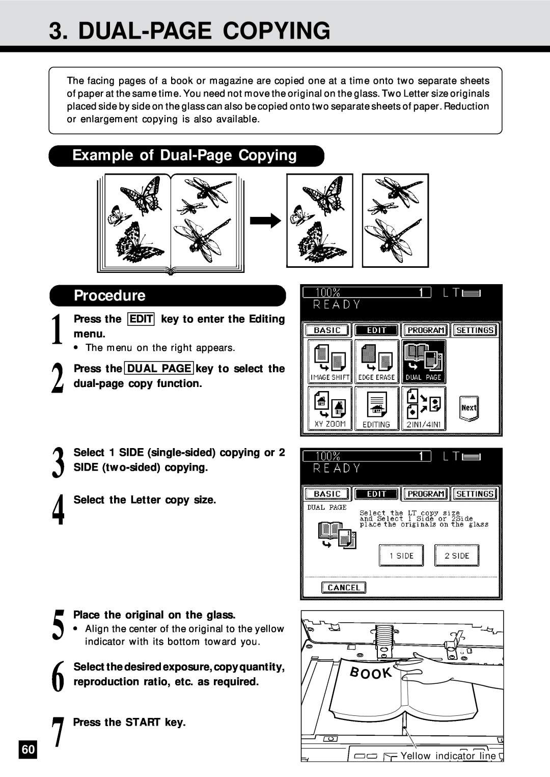 Sharp AR-650 Example of Dual-Page Copying Procedure, O Ok, Select the Letter copy size, Press the START key 