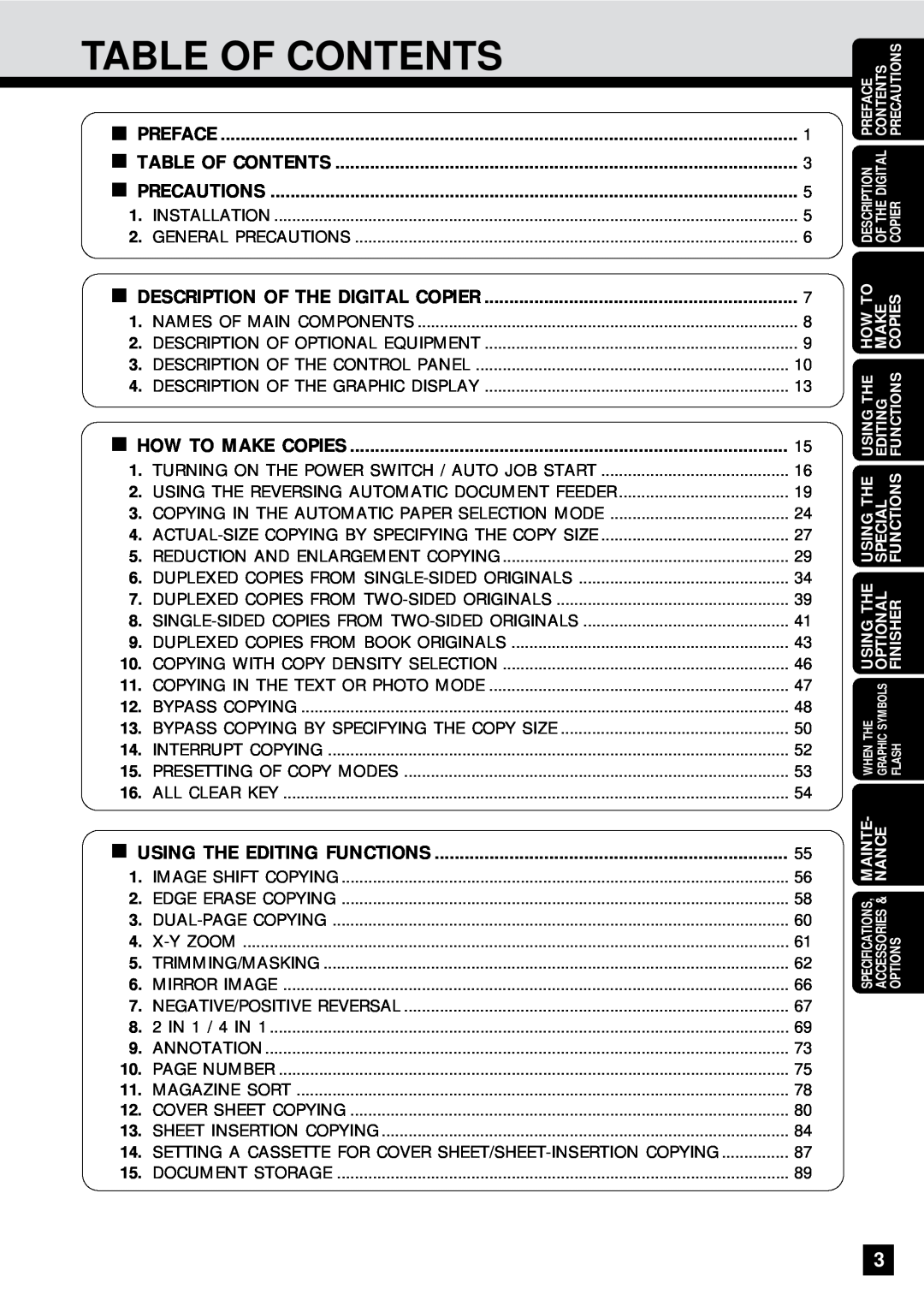 Sharp AR-650 Table Of Contents, Using The Editing Functions, Preface, Precautions, Description Of The Digital Copier 