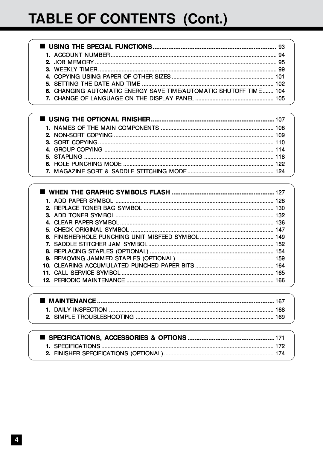 Sharp AR-650 TABLE OF CONTENTS Cont, When The Graphic Symbols Flash, Using The Special Functions, Maintenance 