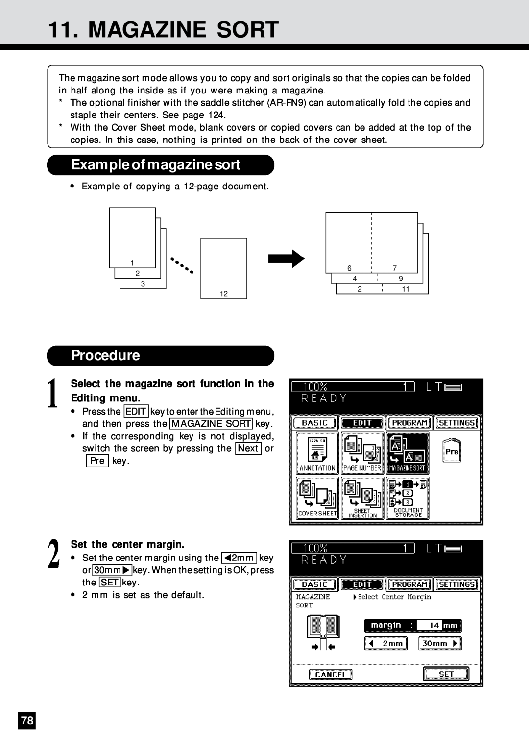 Sharp AR-650 Magazine Sort, Example of magazine sort, Select the magazine sort function in the Editing menu, Procedure 