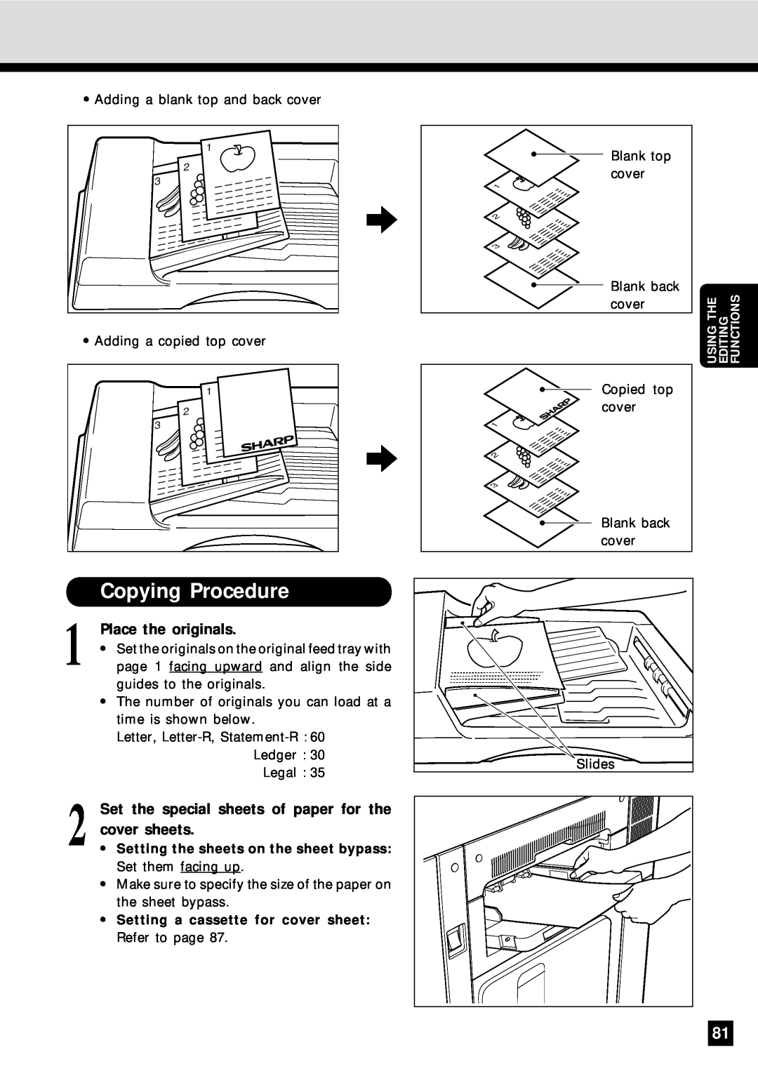 Sharp AR-650 operation manual Copying Procedure, Set the special sheets of paper for the, cover sheets, Place the originals 