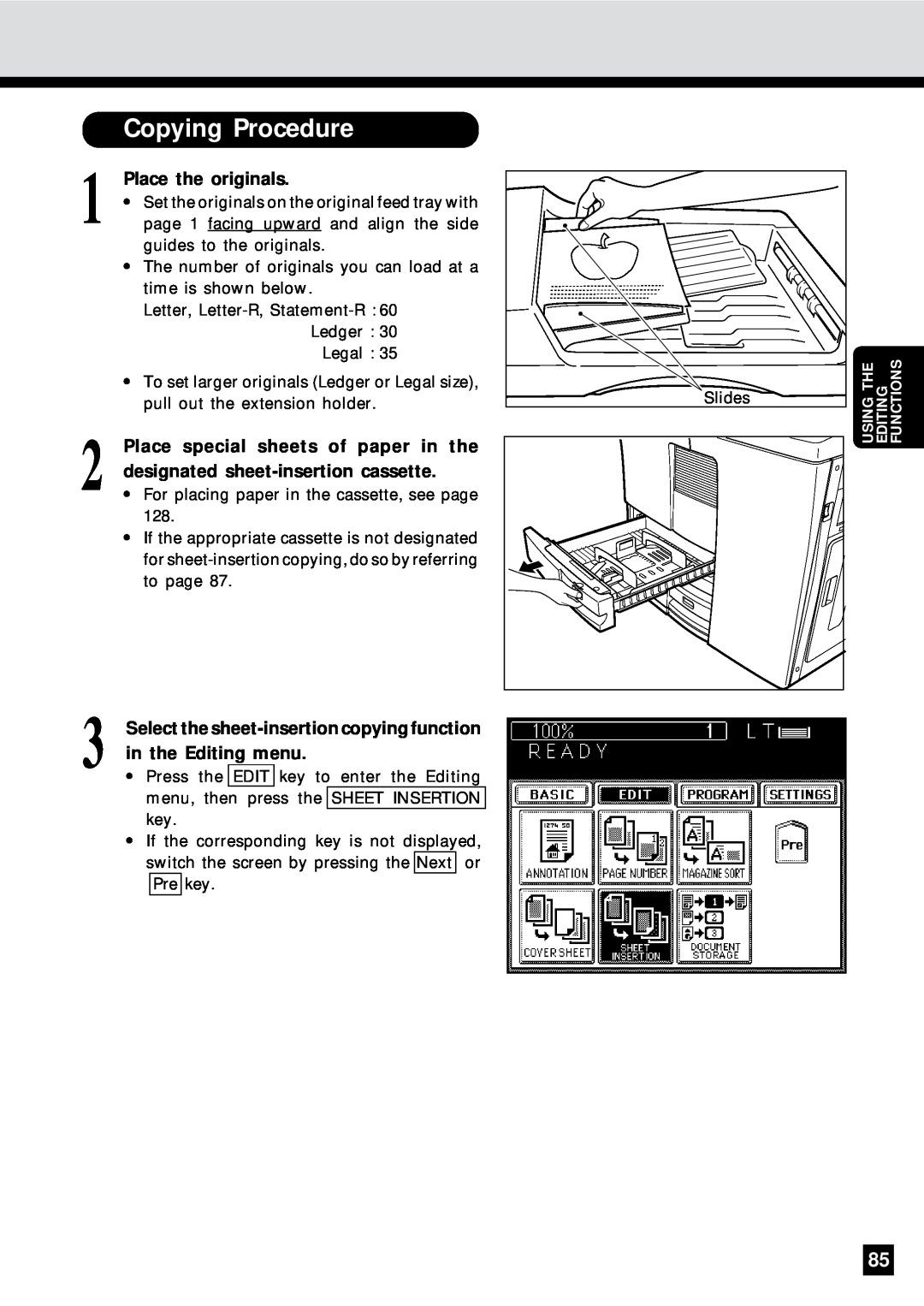 Sharp AR-650 Place special sheets of paper in the, designated sheet-insertion cassette, in the Editing menu, Slides 