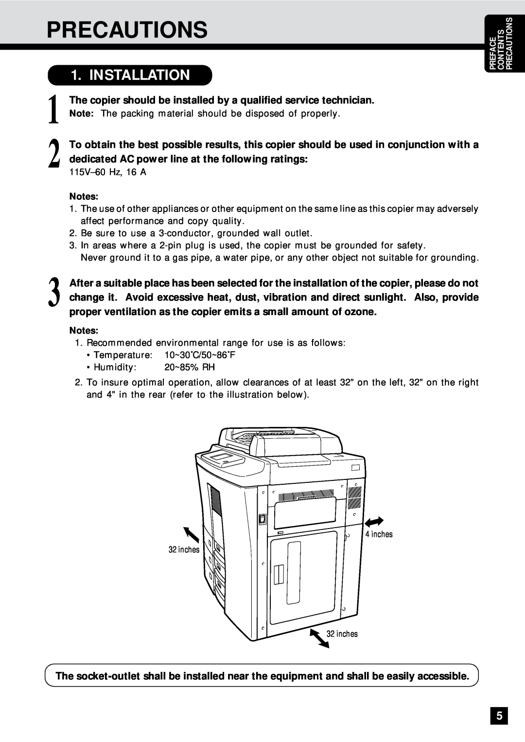 Sharp AR-650 operation manual Precautions, Installation, The copier should be installed by a qualified service technician 