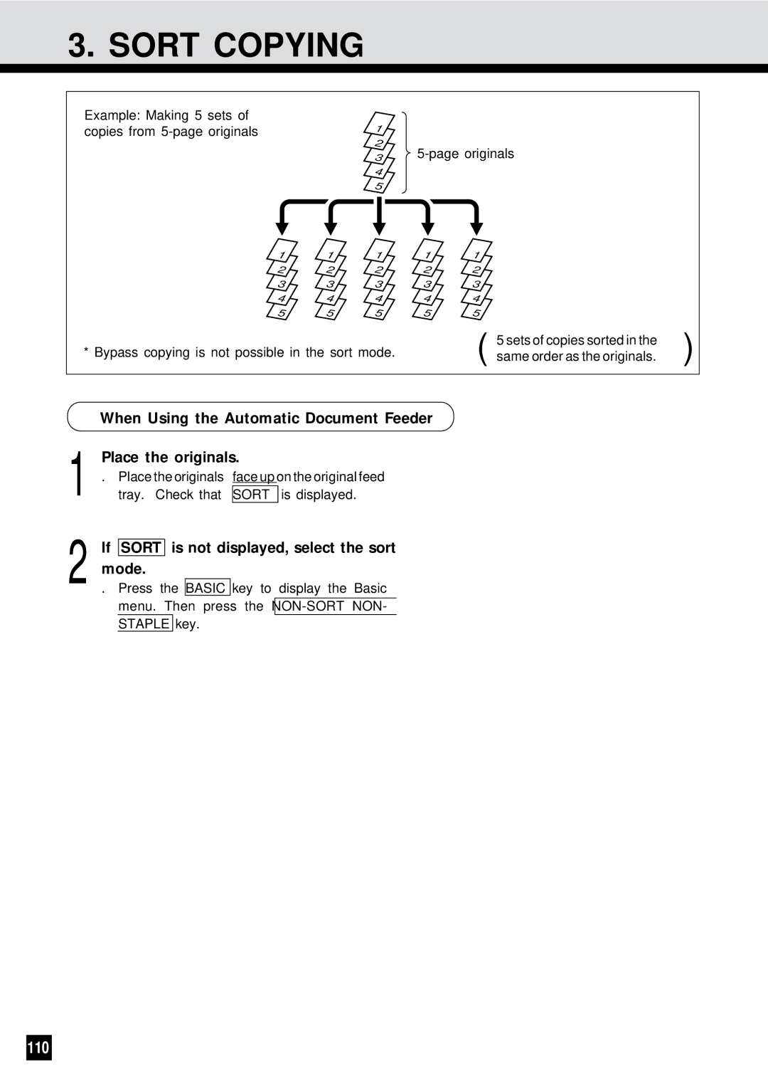 Sharp AR-650 operation manual Sort Copying, 110, If Sort is not displayed, select the sort Mode 