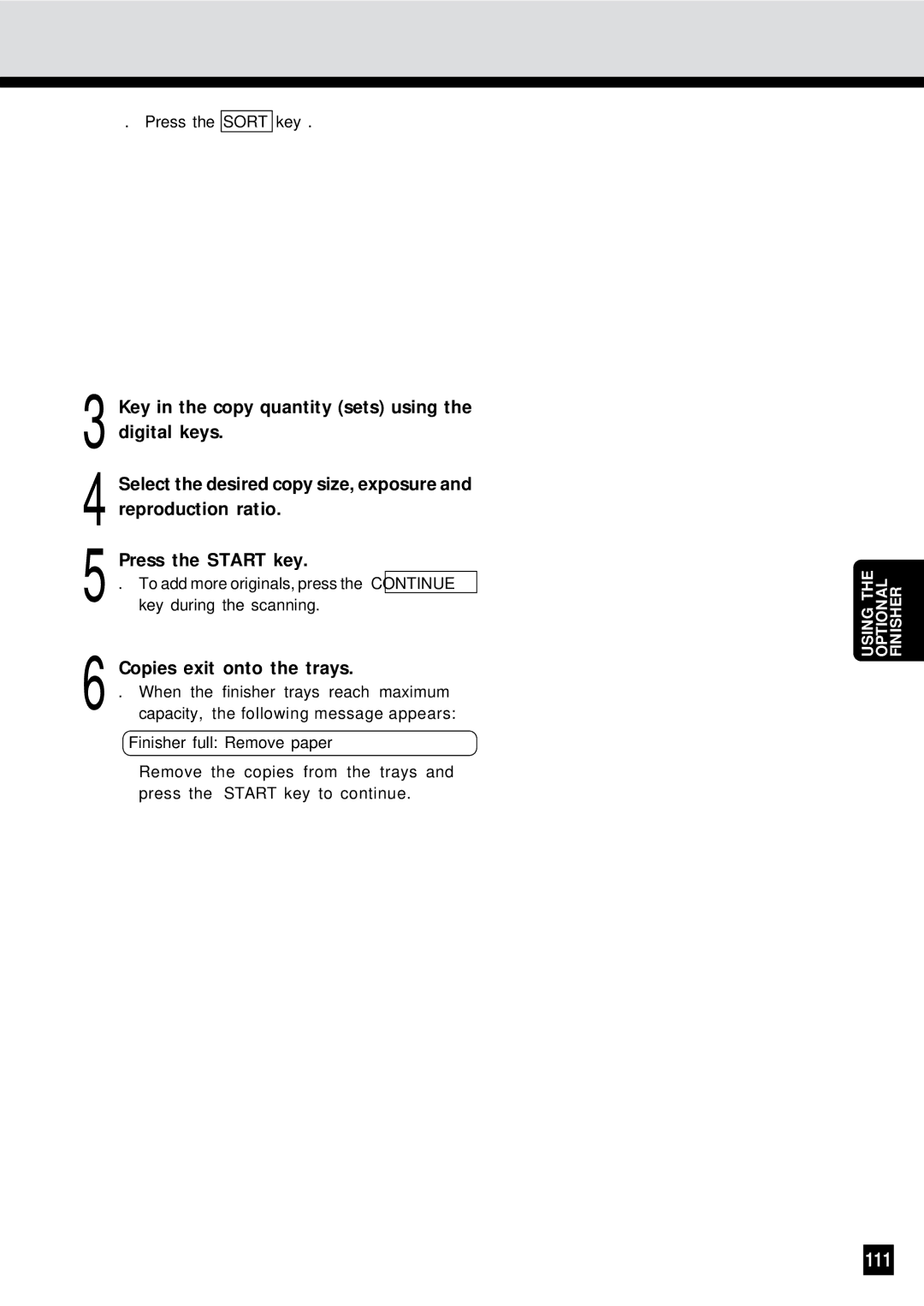 Sharp AR-650 operation manual 111, Key in the copy quantity sets using the digital keys, Copies exit onto the trays 