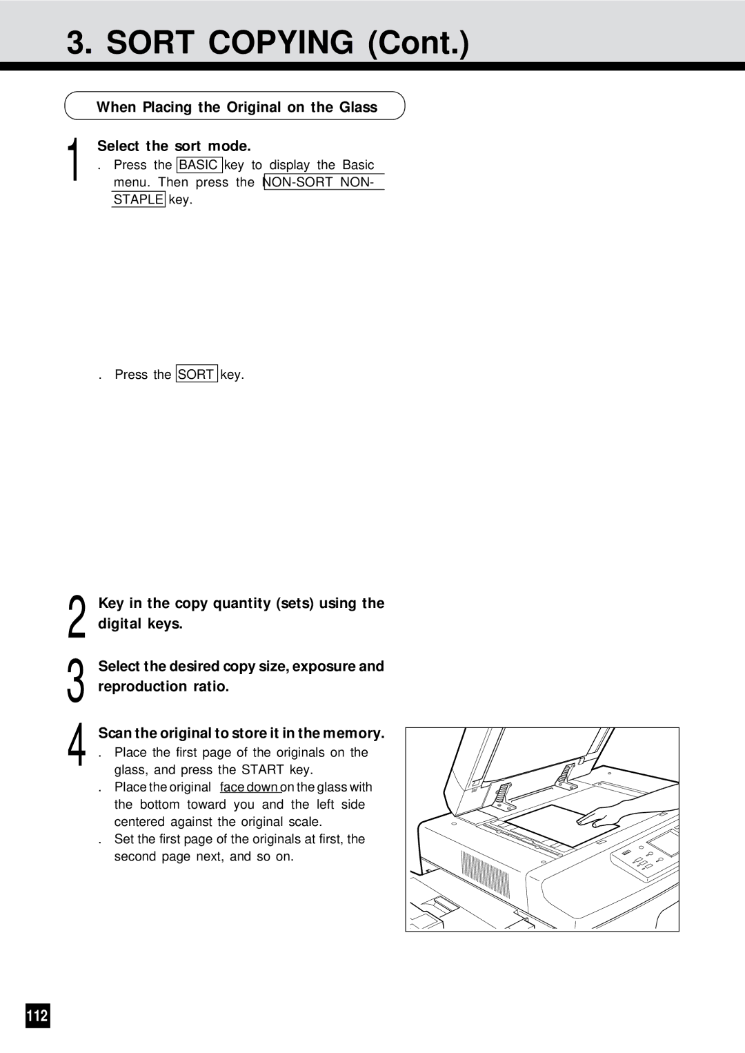 Sharp AR-650 operation manual Sort Copying, 112, When Placing the Original on the Glass Select the sort mode 