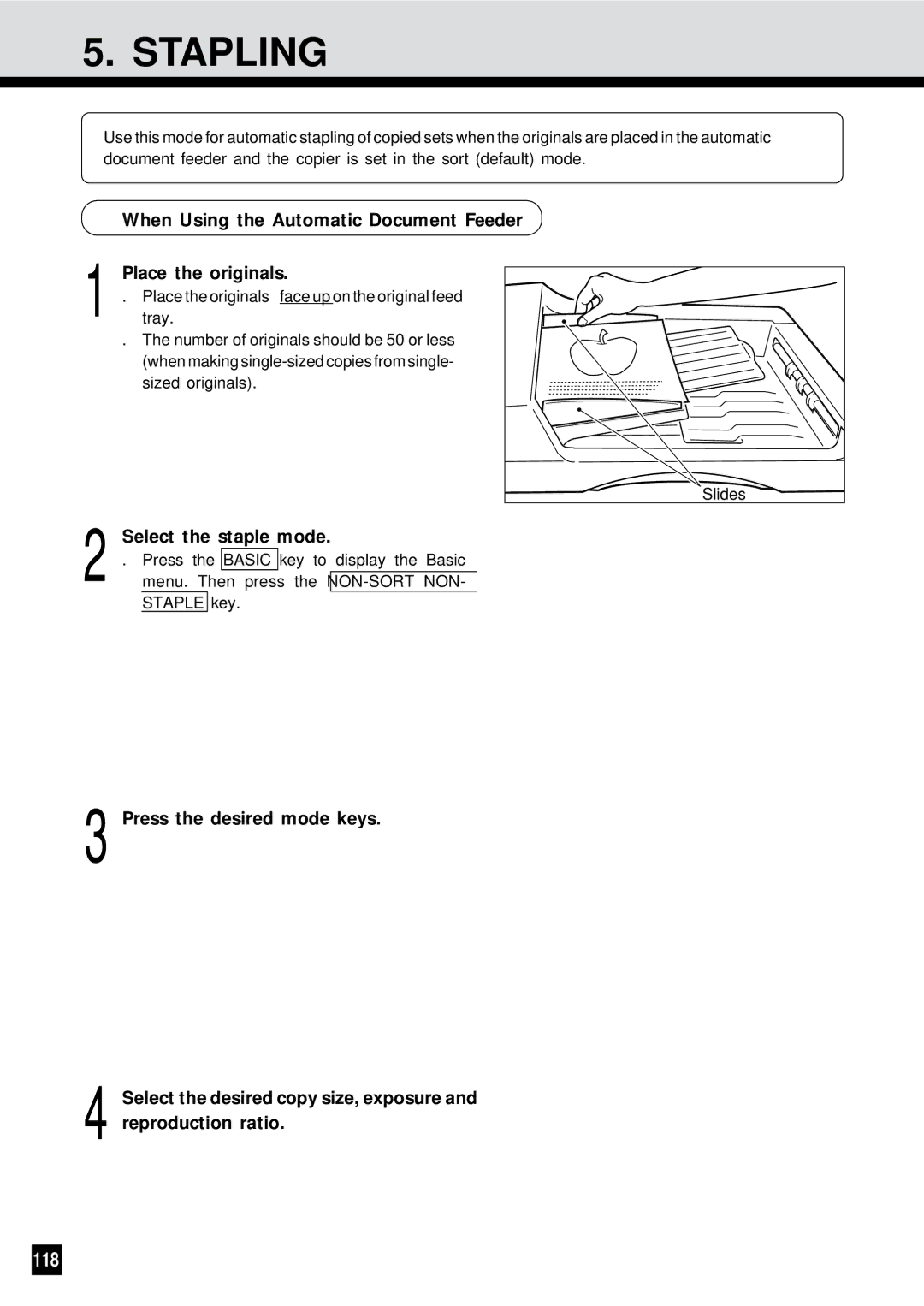 Sharp AR-650 operation manual Stapling, 118, Select the staple mode, Press the desired mode keys 