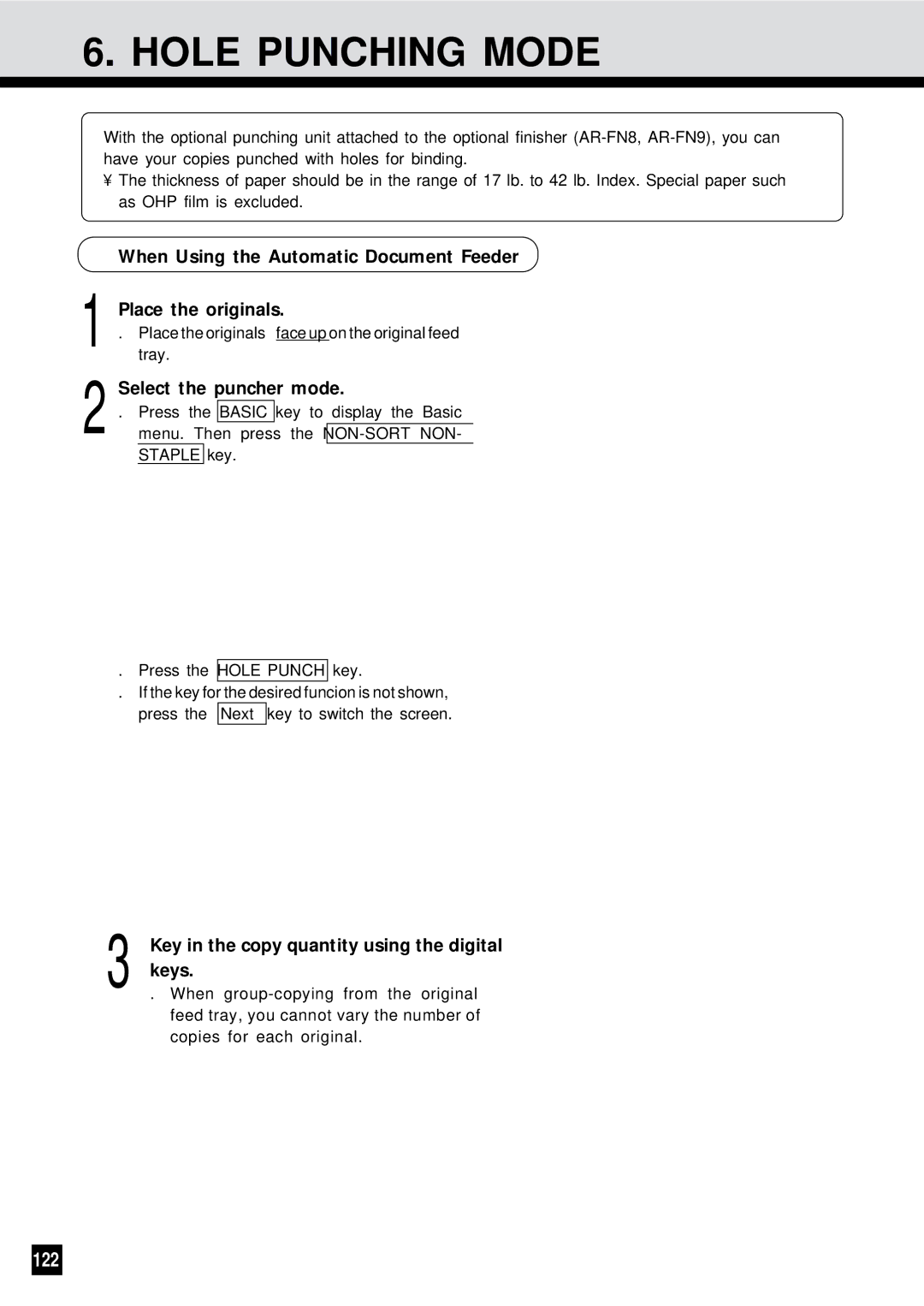 Sharp AR-650 operation manual Hole Punching Mode, 122, Select the puncher mode 