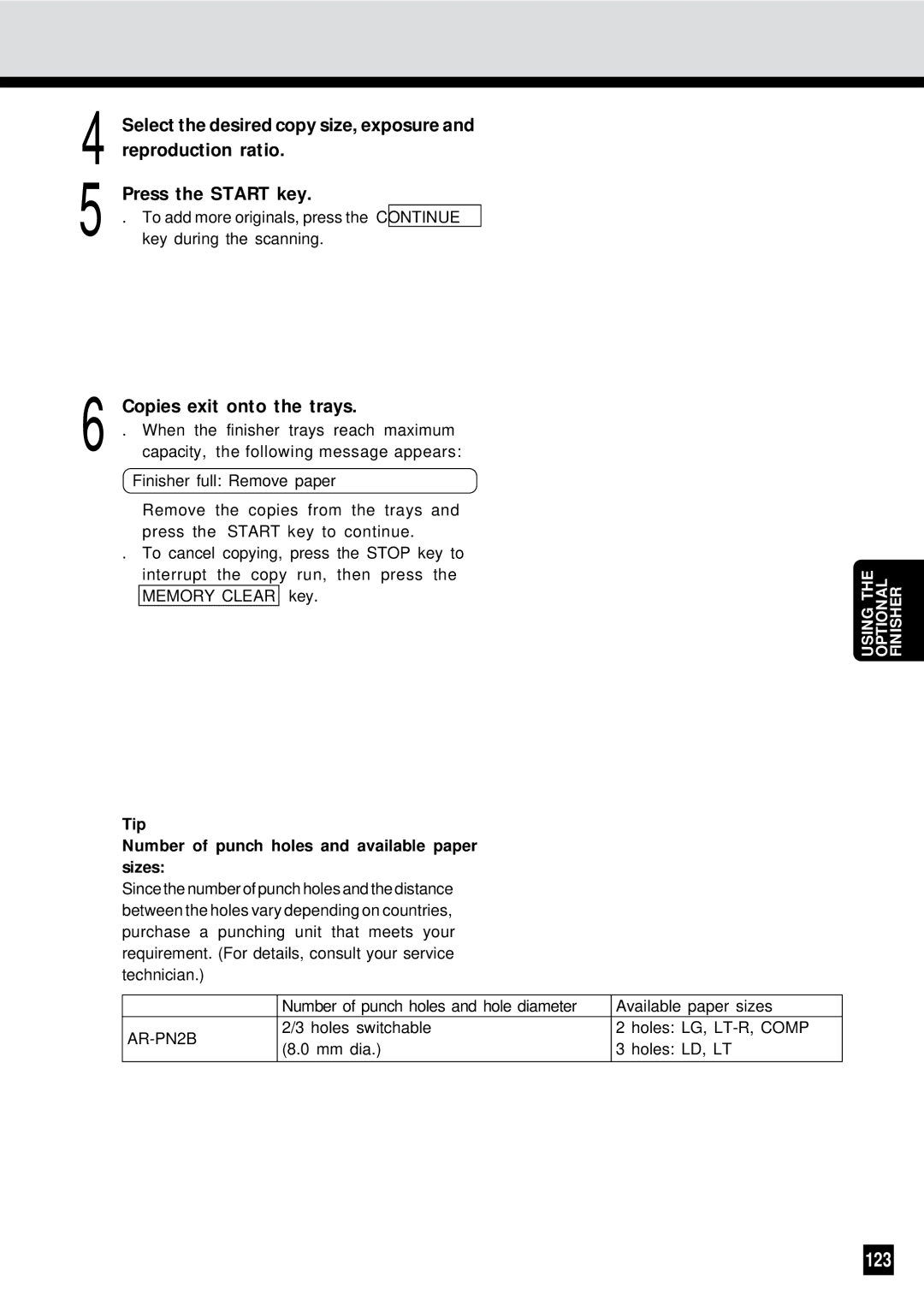 Sharp AR-650 operation manual 123, Tip Number of punch holes and available paper sizes 