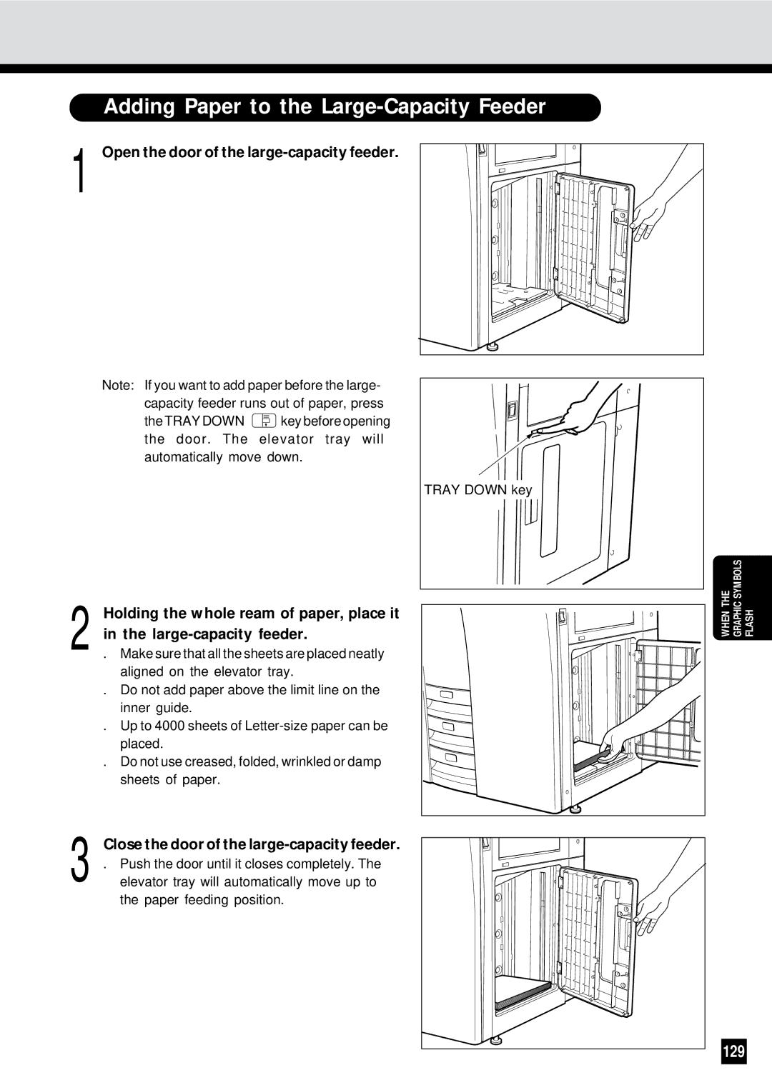 Sharp AR-650 operation manual Adding Paper to the Large-Capacity Feeder, 129, Open the door of the large-capacity feeder 