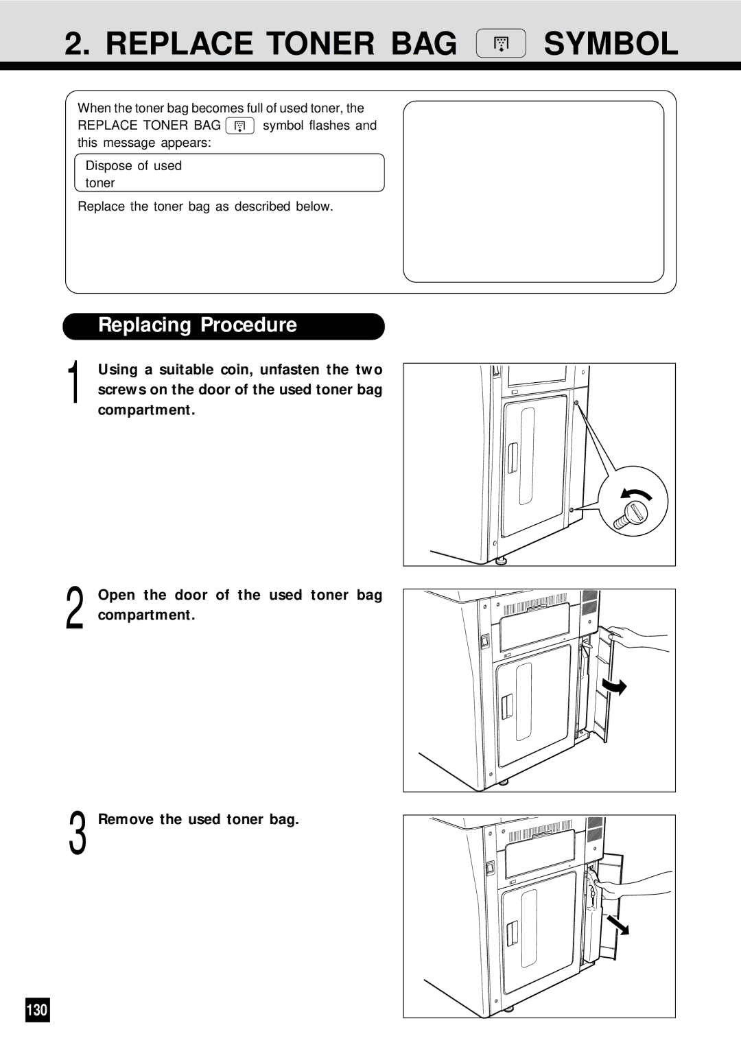 Sharp AR-650 operation manual Replace Toner BAG Symbol, Replacing Procedure, 130 