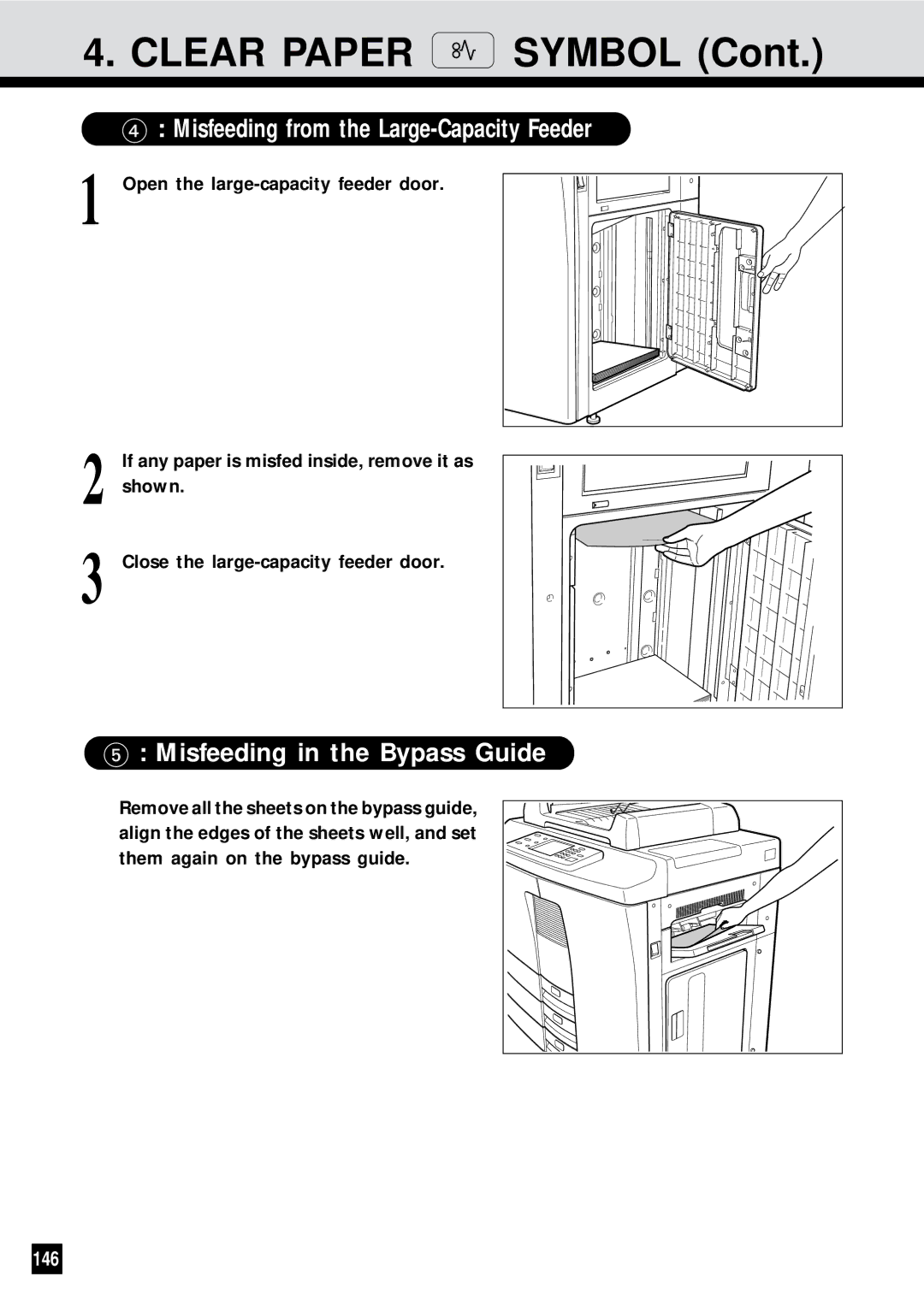 Sharp AR-650 operation manual Misfeeding from the Large-Capacity Feeder, Misfeeding in the Bypass Guide, 146 