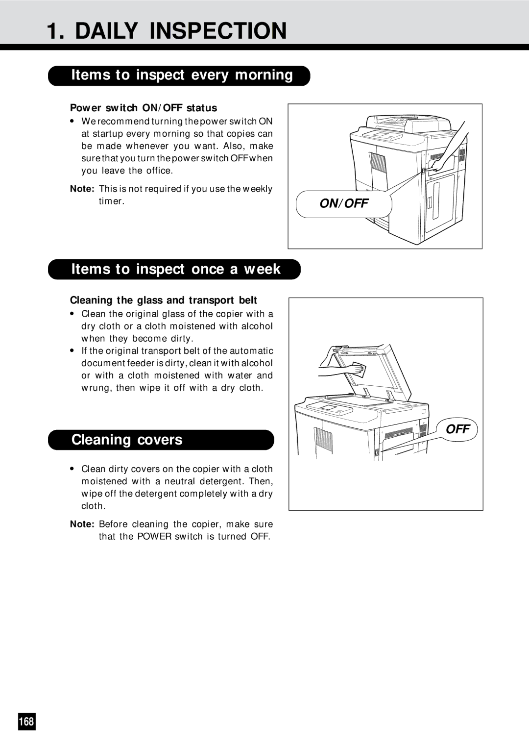 Sharp AR-650 Daily Inspection, Items to inspect every morning, Items to inspect once a week, Cleaning covers, 168 