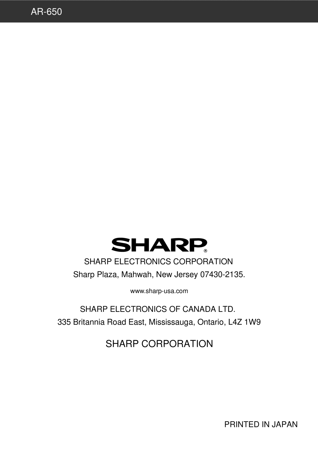 Sharp AR-650 operation manual Sharp Corporation 