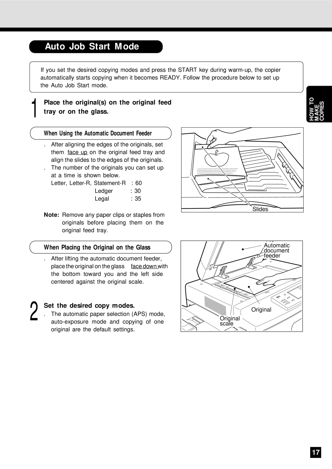 Sharp AR-650 operation manual Auto Job Start Mode, When Placing the Original on the Glass, Set the desired copy modes 