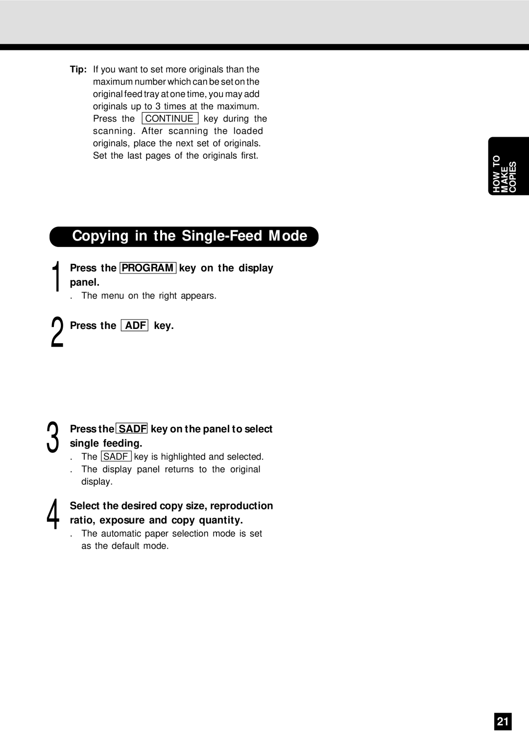 Sharp AR-650 Copying in the Single-Feed Mode, Press the Program key on the display panel, Press the ADF key 